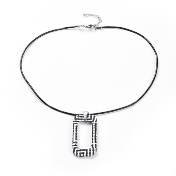 Raffia Woven Pendants Necklaces, with Cowhide Leather Cord and 304 Stainless Steel Findings, Rectangle, Black, 17.71 inch(45cm), 1.7mm