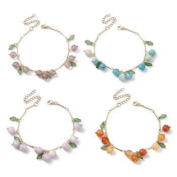 4Pcs 4 Style Natural Mixed Stone Beads & Acrylic Leaf Charm Bracelets Set, with Real 18K Gold Plated Brass Bar Link Chains, 7-3/8 inch(18.7cm), 1Pc/style