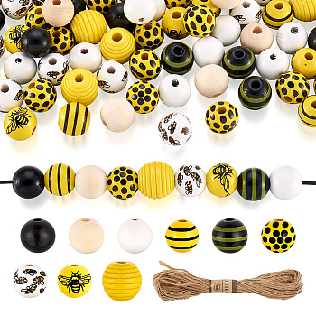 DIY Bee Wooded Ornaments Kit, Including Round Wood Beads, Jute Cord, Yellow, Beads: 160Pcs/bag