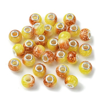 Two Tone Glass European Beads, Large Hole Beads, with Silver Tone Brass Double Cores, Rondelle, Gold, 15x11mm, Hole: 5mm