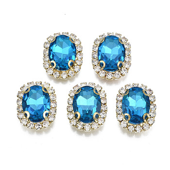 Sew on Rhinestone, Transparent Glass Rhinestone, with Brass Prong Settings, Faceted, Oval, Dodger Blue, 18x14x7mm, Hole: 0.9mm