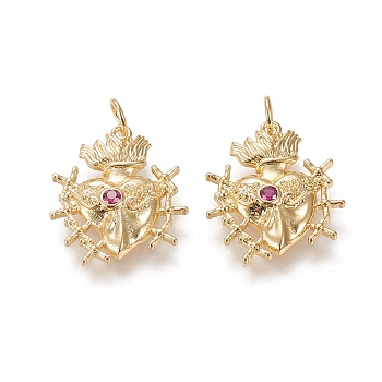 Brass Micro Pave Cubic Zirconia Pendants, Long-Lasting Plated, with Jump Rings, Sacred Heart, Deep Pink, Real 18K Gold Plated, 21x18.5x3.6mm, Jump Ring: 5.1x0.8mm, 3.5mm Inner Diameter