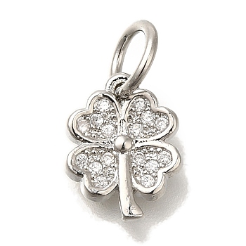 Brass Micro Pave Cubic Zirconia Pendants, Leaf Charms, with Jump Ring, Platinum, 11x9x2mm