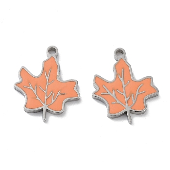 304 Stainless Steel Enamel Pendants, Maple Leaf Charm, Stainless Steel Color, Light Salmon, 16x13x1.5mm, Hole: 1.4mm