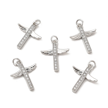 Brass Micro Pave Clear Cubic Zirconia Connector Charms, Cross Wing Links, Platinum, 20x17x2.5mm, Hole: 1mm