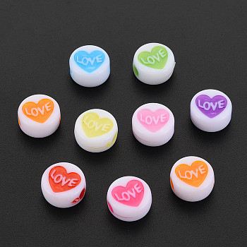 Craft Style Acrylic Beads, Flat Round with Heart & Word Love, Mixed Color, 9.5x5mm, Hole: 2mm
