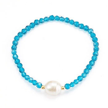 Faceted Round Glass Beaded Stretch Bracelets, with Acrylic Beads and 304 Stainless Steel Beads, Deep Sky Blue, Inner Diameter: 2-1/8 inch(5.5cm)