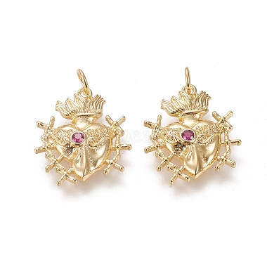 Real 18K Gold Plated Deep Pink Heart Brass+Cubic Zirconia Pendants