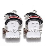 Halloween Theme Alloy Enamel Pendants, White Ghost with Black Witch Hat and Broom, Platinum, 22.5x14.5x1.5mm, Hole: 1.6mm(ENAM-J649-03P)