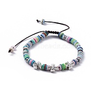 Nylon Thread Braided Beads Bracelets, with Polymer Clay Heishi Beads, 304 Stainless Steel and Alloy Beads, Cross, Colorful, 2 inch(5.2cm)(BJEW-JB04552-01)