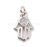 Brass Micro Pave Cubic Zirconia Palm Charms, with Jump Ring, Hamsa Hand with Heart Charm, Platinum, 14x9x2mm, Hole: 2.8mm(KK-C012-08P)