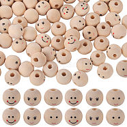 150Pcs 3 Styles Printed Wood Beads, Round with Smiling Face Pattern, Undyed, Bisque, 12x11mm, Hole: 2.9mm, 50pcs/style(WOOD-GF0001-98)