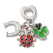 Rack Plating Alloy Emerald Rhinestone European Dangle Charms, Large Hole Horse Shoe & Ladybug & Clover Pendants with Enamel, Cadmium Free & Nickel Free & Lead Free, Platinum, 29mm, Hole: 5mm(PALLOY-S189-24P)