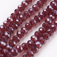Electroplate Glass Beads Strands, Pearl Luster Plated, Faceted, Rondelle, Dark Red, 6x4~5mm, Hole: 0.8~1mm, about 85~88pcs/strand, 16.1~16.5 inch(41~42cm)(GLAA-K027-PL-A03)
