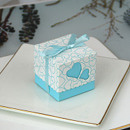 Square Foldable Creative Paper Gift Box, Candy Boxes, Heart Pattern with Ribbon, Decorative Gift Box for Wedding, Light Sky Blue, 5.2x5.2x5cm(PAAG-PW0001-097F)