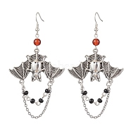Alloy with Glass Chain Dangle Earrings, Halloween Bat Long Drop Earrings, Antique Silver, 90x47.5mm(EJEW-TA00433)
