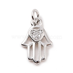 Brass Micro Pave Cubic Zirconia Palm Charms, with Jump Ring, Hamsa Hand with Heart Charm, Platinum, 14x9x2mm, Hole: 2.8mm(KK-C012-08P)