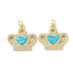 Brass Micro Pave Clear Cubic Zirconia Pendants, with Synthetic Opal and Jump Ring, Real 18K Gold Plated, Crown, 19.5x20.5x3mm, Hole: 3.6mm(KK-C045-01A-G)