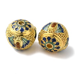 Rack Plating Brass Enamel Beads, Long-Lasting Plated, Cadmium Free & Lead Free, Round with Flower Pattern, Real 18K Gold Plated, 17x16mm, Hole: 2.5mm(KK-P276-22D-G)