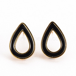 Brass Enamel Stud Earring Findings, Nickel Free, with Loop, Real 18K Gold Plated, Teardrop, Black, 15.5x11mm, Hole: 0.8mm, Pin: 0.6mm(KK-S356-244A-NF)