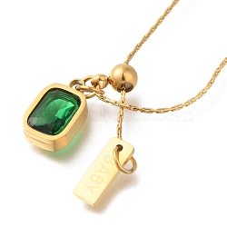 Ion Plating(IP) 304 Stainless Steel Pave Glass Cardano Chain Rectangle Pendant Necklaces, Real 18K Gold Plated, Sea Green, 17.32~17.72 inch(40~45cm)(NJEW-H037-04G-03)