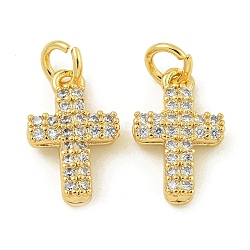 Rack Plating Brass Micro Pave Clear Cubic Zirconia Charms, with Jump Ring, Long-Lasting Plated, Lead Free & Cadmium Free, Real 18K Gold Plated, Cross, 12.8x8x3mm, Hole: 3.5mm(KK-Z067-23G-09)