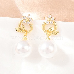 Valentine's Day Flower Brass Micro Pave Clear Cubic Zirconia Dangle Stud Earrings, with ABS Plastic Imitation Pearl, Cadmium Free & Lead Free, Long-Lasting Plated, Rack Plating, Real 18K Gold Plated, 28x11.5mm(EJEW-Z164-05G)