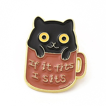 Cat with Word Enamel Pin, Golden Alloy Brooch for Backpack Clothes, Tableware, 30x24x1.5mm