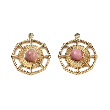 Ion Plating(IP) 304 Stainless Steel Pendants, Natural Rhodonite Flat Round Charms, Real 18K Gold Plated, 19x16x4mm, Hole: 1.4mm