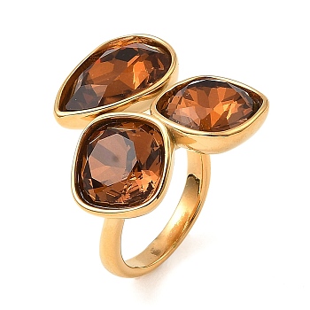 Teardrop & Square Glass Open Cuff Rings, Real 18K Gold Plated 304 Stainless Steel Ring, Sienna, US Size 7 1/4(17.5mm)