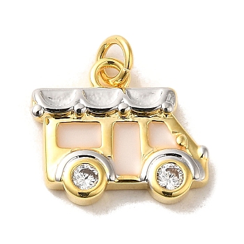 Brass Cubic Zirconia Pendants, with Enamel and Jump Ring, Bus, Real 14K Gold Plated, 12x14x2.5mm, Hole: 3.5mm
