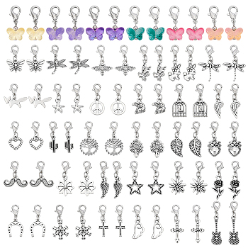 72Pcs Glass Butterfly & Alloy Pendant Decorations, with Lobster Claw Clasp, Mixed Shapes, Mixed Color, 30mm