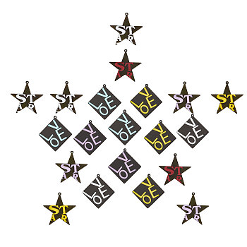 SUNNYCLUE 20Pcs 2 Style Spray Painted Cellulose Acetate(Resin) Pendants, Star with Word Star & Rhombus with Word Love, Mixed Color, 10pcs/style