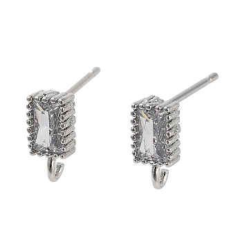 Brass Micro Pave Cubic Zirconia Studs Earrings Finding, Long-Lasting Plated, Lead Free & Cadmium Free, Rectangle, Platinum, 9x4mm, Hole: 1.5mm, Pin: 12x0.7mm