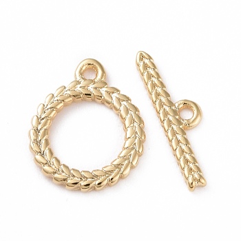 Eco-friendly Brass Toggle Clasps, Cadmium Free & Lead Free, Long-Lasting Plated, Leaf-Shaped Ring, Real 24K Gold Plated, Ring: 13x10.5x1mm, Bar: 4x14.5x1mm, Hole: 1.2mm