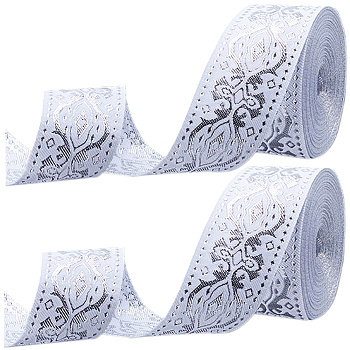 Ethnic Style Polyester Silk Grosgrain Ribbon, Double-Face, Floral Pattern, White, 1/8 inch(3.3mm), about 7m/roll, 2 rolls