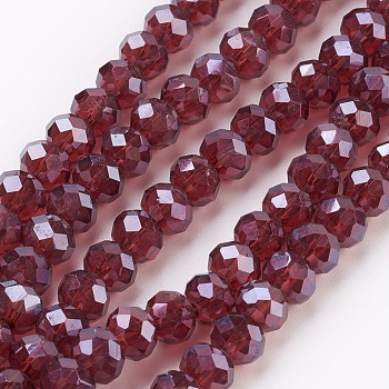 Electroplate Glass Beads Strands, Pearl Luster Plated, Faceted, Rondelle, Dark Red, 6x4~5mm, Hole: 0.8~1mm, about 85~88pcs/strand, 16.1~16.5 inch(41~42cm)
