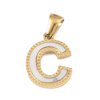 Natural White Shell Alphabet Pendants, Ion Plating(IP) Real 18K Gold Plated 304 Stainless Steel Charms, Letter C, 17x12.5x1.5mm, Hole: 5x3mm
