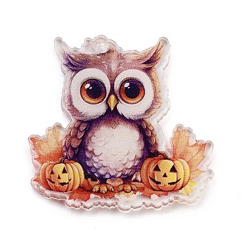 Halloween Printed Acrylic Pendants, Owl, Dark Orange, 34x34.5x2mm, Hole: 2mm