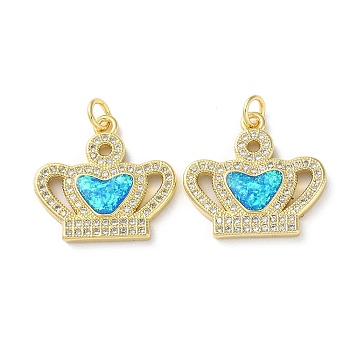 Brass Micro Pave Clear Cubic Zirconia Pendants, with Synthetic Opal and Jump Ring, Real 18K Gold Plated, Crown, 19.5x20.5x3mm, Hole: 3.6mm