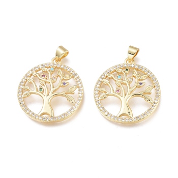 Brass Micro Pave Cubic Zirconia Pendants, Long-Lasting Plated, Flat Round with Tree of Life, Colorful, Real 18K Gold Plated, 26.5x24x3.8mm, Hole: 4.5x3mm