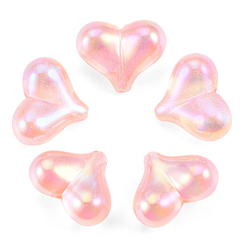 UV Plating Rainbow Iridescent Acrylic Beads, with Glitter Powder, Heart, Pink, 16.5x21.5x10mm, Hole: 1.5mm