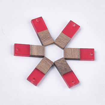 Resin & Walnut Wood Pendants, Rectangle, Cerise, 22.5~23x8.5~9x3.5mm, Hole: 2mm