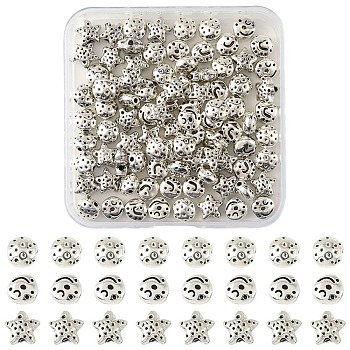 90Pcs 3 Styles Tibetan Style Alloy Beads, Star & Flat Round & Bowknot, Antique Silver, 7~8.5x8~9x3.5~5mm, Hole: 1.4~1.7mm, 30pcs/style