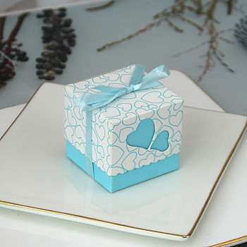 Square Foldable Creative Paper Gift Box, Candy Boxes, Heart Pattern with Ribbon, Decorative Gift Box for Wedding, Light Sky Blue, 5.2x5.2x5cm