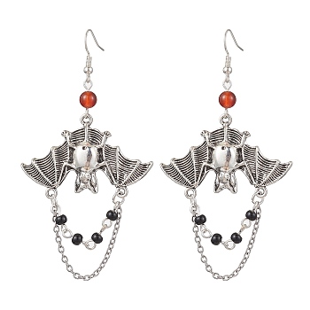 Alloy with Glass Chain Dangle Earrings, Halloween Bat Long Drop Earrings, Antique Silver, 90x47.5mm