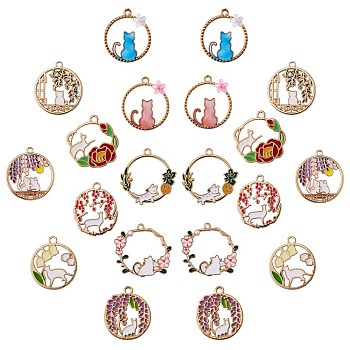 20Pcs 10 Style Alloy Enamel Pendants, with ABS Plastic Imitation Pearl and Resin, Cat, Mixed Color, 2pcs/style