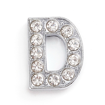 Alloy Slide Charms, with Crystal Rhinestone, for DIY Craft Jewelry Making, Letter, Platinum, Letter.D, 14x11x5mm, Hole: 2x11mm