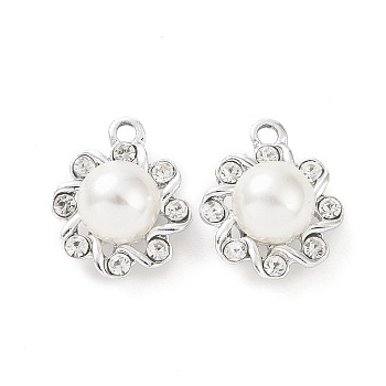 Alloy Rhinestone Pendants, with ABS Imitation Pearl Beaded, Flower Charms, Platinum, 20.5x17.5x11.5mm, Hole: 1.5mm
