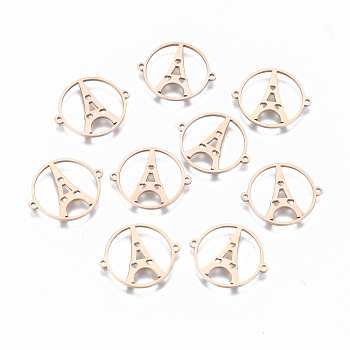 304 Stainless Steel Links Connectors, Laser Cut, Flat Round with Hollow Iron Tower, Rose Gold, 15x18x0.8mm, Hole: 0.8mm
